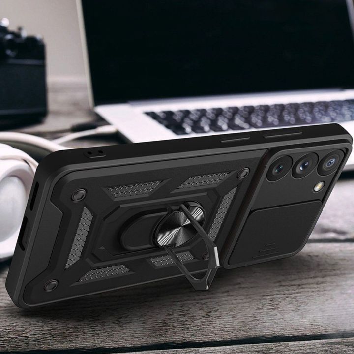 Hybrid Armor Camshield dėklas Samsung Galaxy S23+ šarvuotas dėklas su kameros dangteliu raudonos spalvos