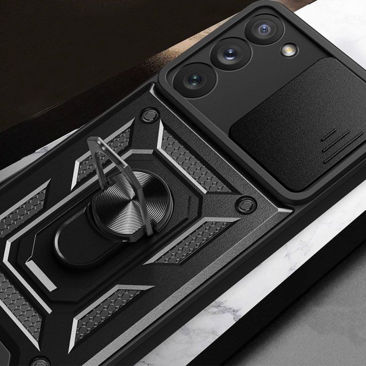 Hybrid Armor Camshield dėklas Samsung Galaxy S23+ šarvuotas dėklas su kameros dangteliu raudonos spalvos