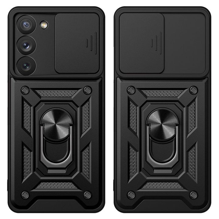 Hybrid Armor Camshield dėklas Samsung Galaxy S23+ šarvuotas dėklas su kameros dangteliu raudonos spalvos