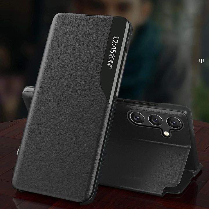 Eco Leather View dėklas, skirtas Samsung Galaxy A24 4G su atlenkiamuoju dangteliu, mėlynos spalvos