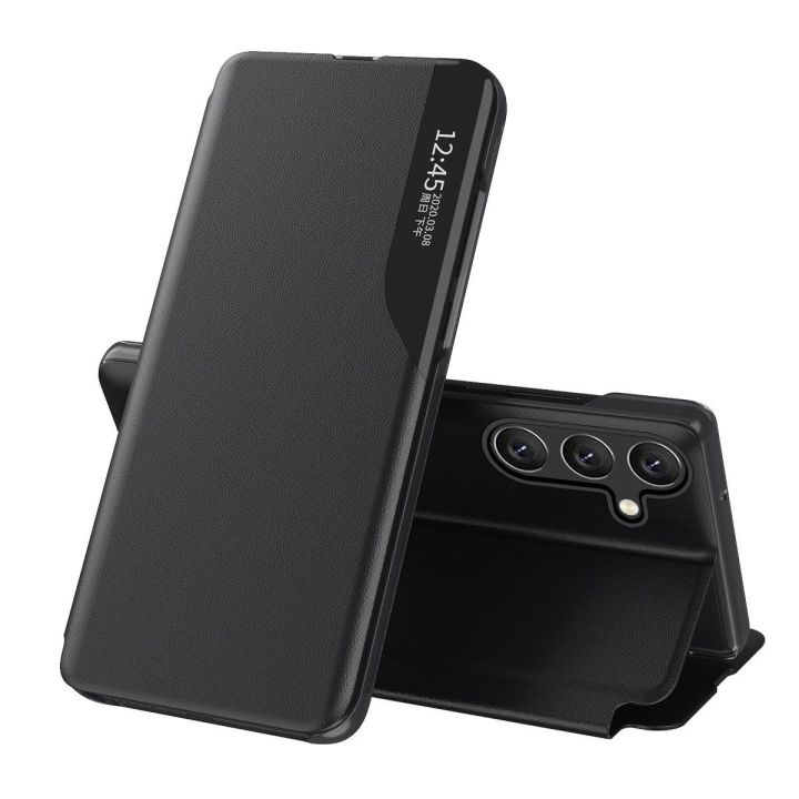 Eco Leather View dėklas Samsung Galaxy A24 4G su atlenkiamuoju dangteliu, juodas