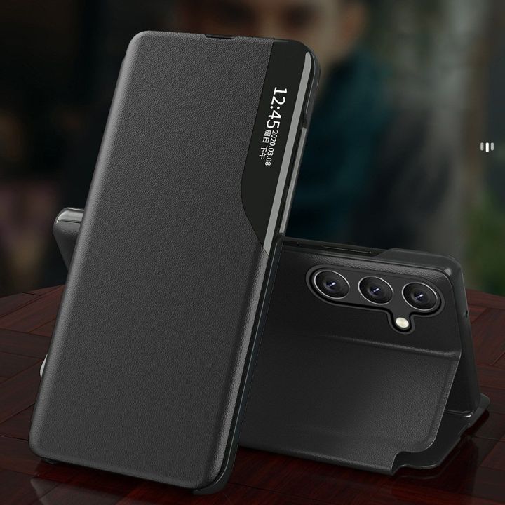 Eco Leather View dėklas Samsung Galaxy A24 4G su atlenkiamuoju dangteliu, juodas