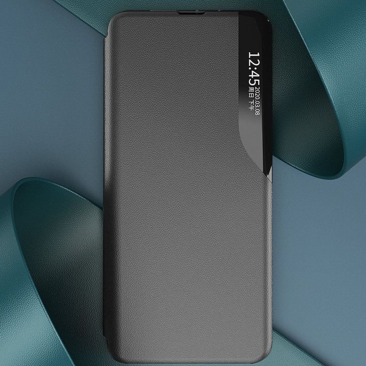 Eco Leather View dėklas Samsung Galaxy A24 4G su atlenkiamuoju dangteliu, juodas
