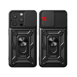 Šarvuotas dėklas su stovu ir kameros dangteliu iPhone 15 Pro Hybrid Armor Camshield - rožinis