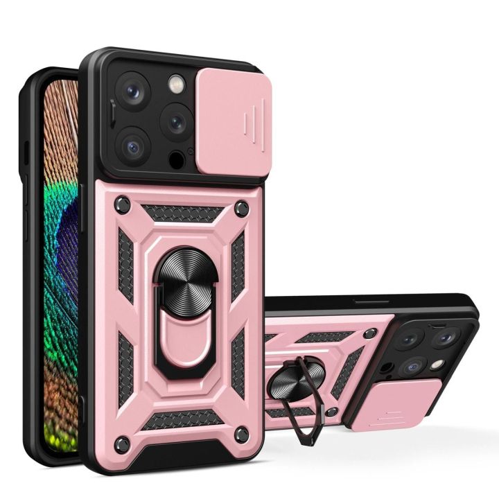 Šarvuotas dėklas su stovu ir kameros dangteliu iPhone 15 Pro Hybrid Armor Camshield - rožinis
