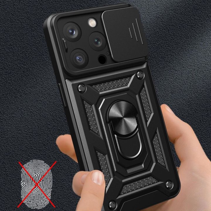 Šarvuotas dėklas su stovu ir kameros dangteliu iPhone 15 Pro Hybrid Armor Camshield - rožinis