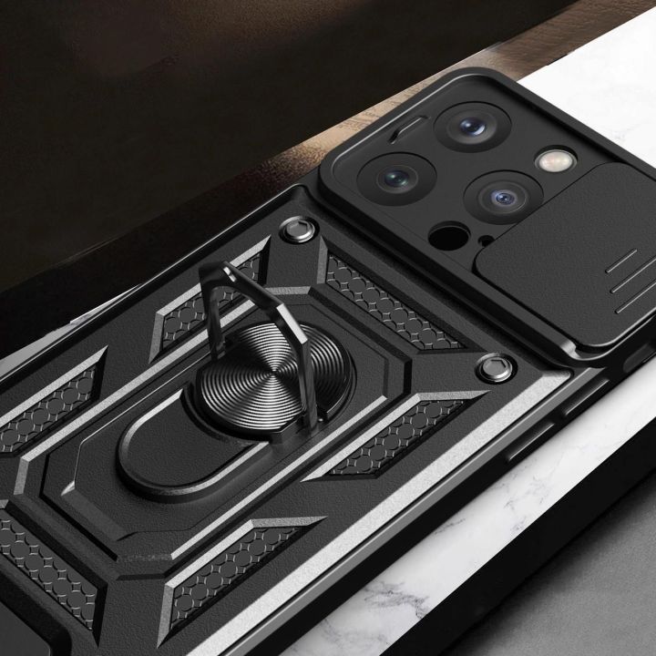 Šarvuotas dėklas su stovu ir kameros dangteliu iPhone 15 Pro Hybrid Armor Camshield - rožinis