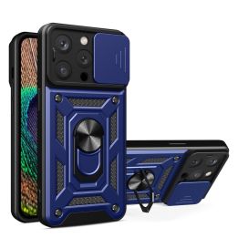 Šarvuotas dėklas su stovu ir kameros dangteliu iPhone 15 Pro Hybrid Armor Camshield - mėlynas