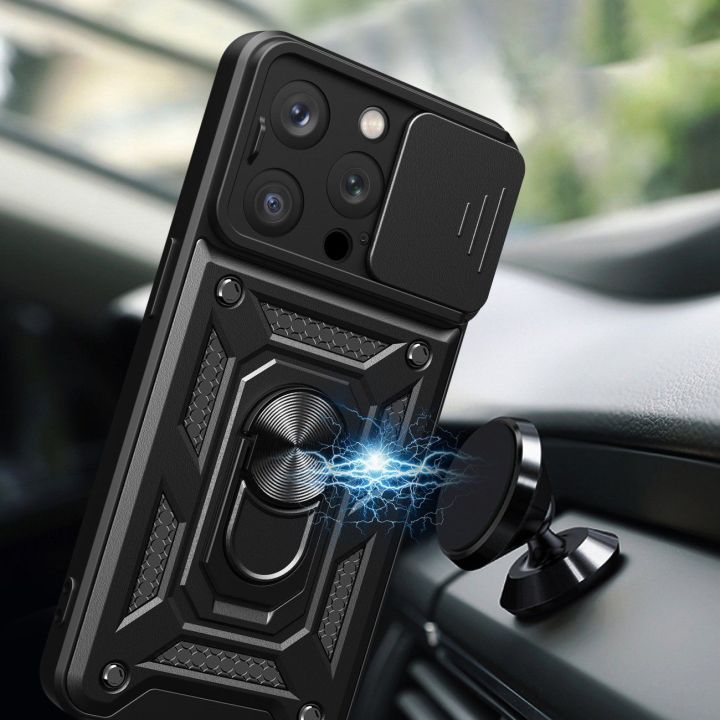 Šarvuotas dėklas su stovu ir kameros dangteliu iPhone 15 Pro Hybrid Armor Camshield - mėlynas