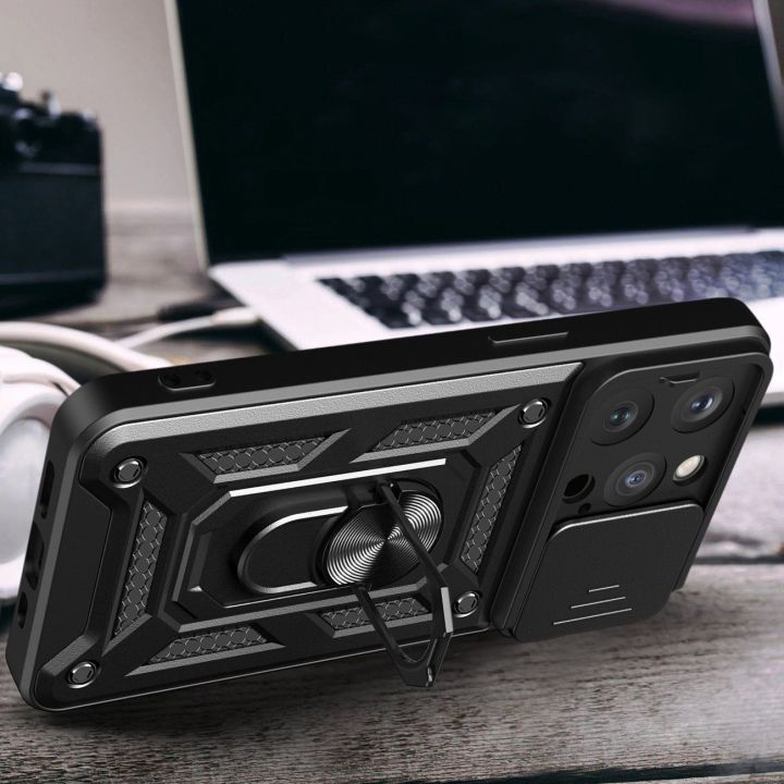 Šarvuotas dėklas su stovu ir kameros dangteliu iPhone 15 Pro Hybrid Armor Camshield - mėlynas
