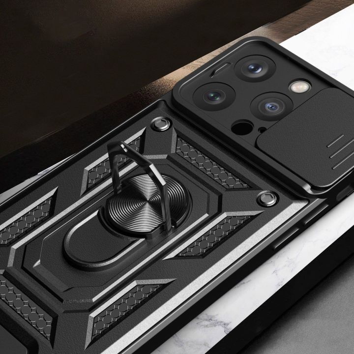 Šarvuotas dėklas su stovu ir kameros dangteliu iPhone 15 Pro Hybrid Armor Camshield - mėlynas