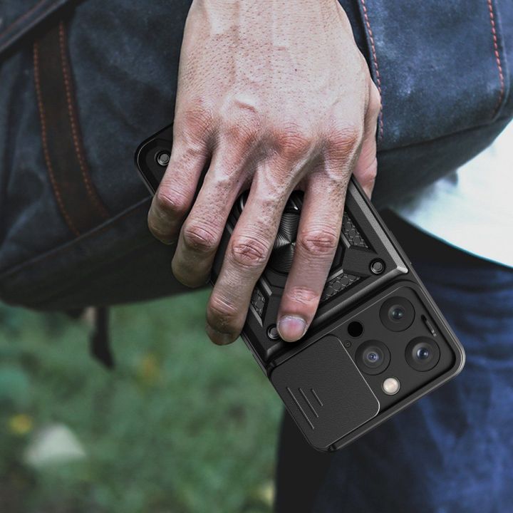 Šarvuotas dėklas su stovu ir kameros dangteliu iPhone 15 Pro Hybrid Armor Camshield - mėlynas