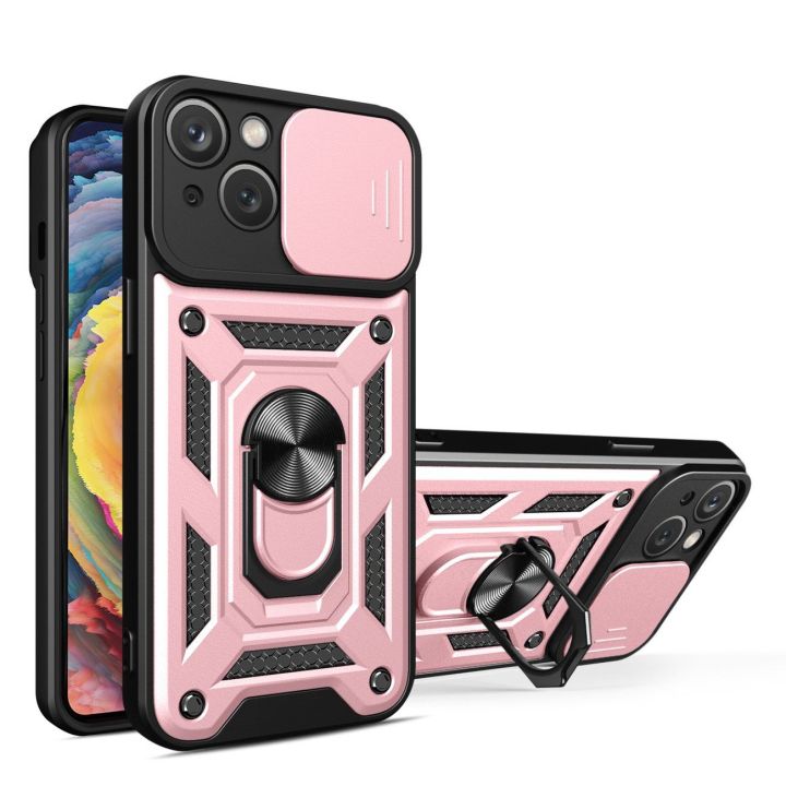 Šarvuotas dėklas su stovu ir kameros dangteliu iPhone 15 Plus Hybrid Armor Camshield - rožinis
