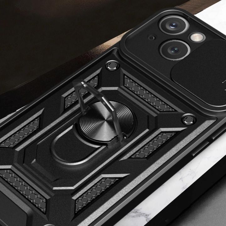 Šarvuotas dėklas su stovu ir kameros dangteliu iPhone 15 Plus Hybrid Armor Camshield - mėlynas