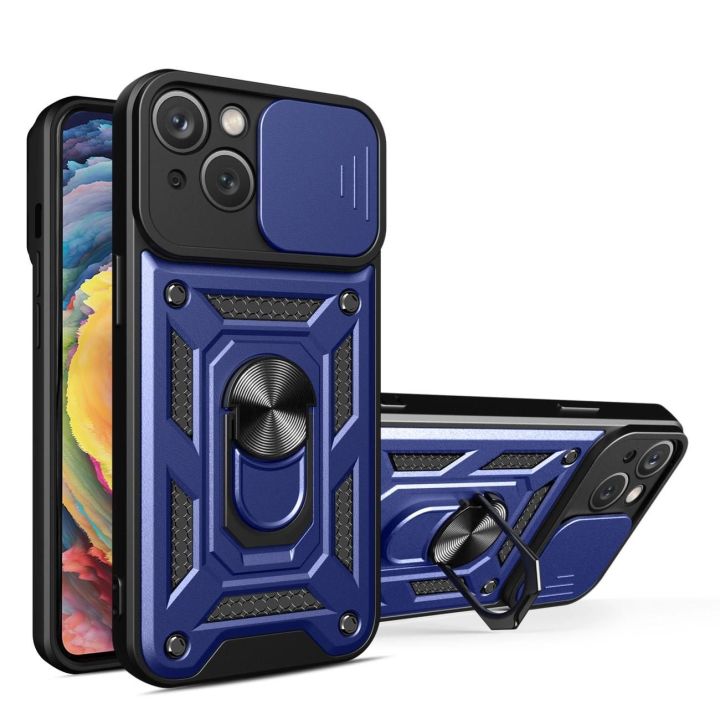 Šarvuotas dėklas su stovu ir kameros dangteliu iPhone 15 Plus Hybrid Armor Camshield - mėlynas