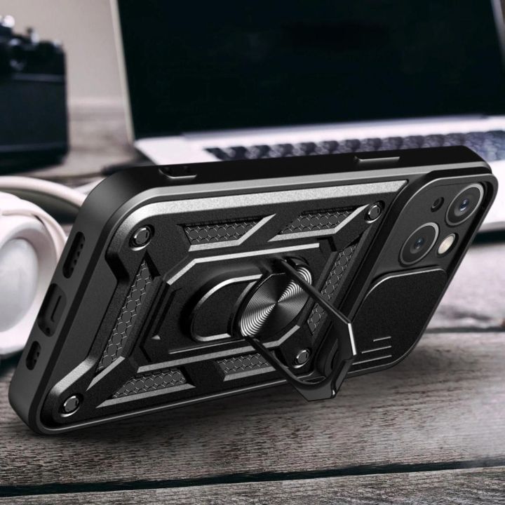 Šarvuotas dėklas su stovu ir kameros dangteliu iPhone 15 Plus Hybrid Armor Camshield - mėlynas
