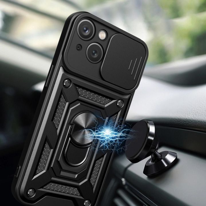 Šarvuotas dėklas su stovu ir kameros dangteliu iPhone 15 Plus Hybrid Armor Camshield - mėlynas