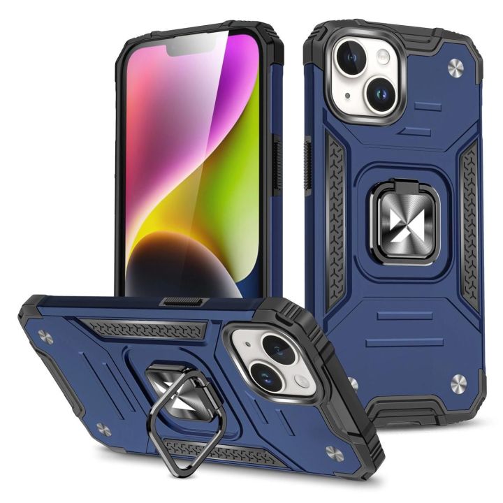 Šarvuotas dėklas su pirštų laikikliu iPhone 15 Plus Ring Armor - mėlynas