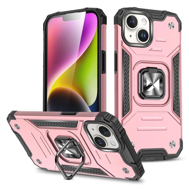 Šarvuotas dėklas su pirštų laikikliu iPhone 15 Plus Ring Armor - rožinis auksas