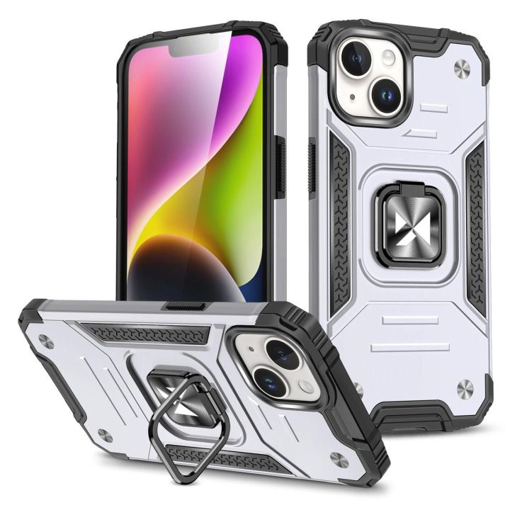Šarvuotas dėklas su pirštų laikikliu iPhone 15 Plus Ring Armor - sidabrinis