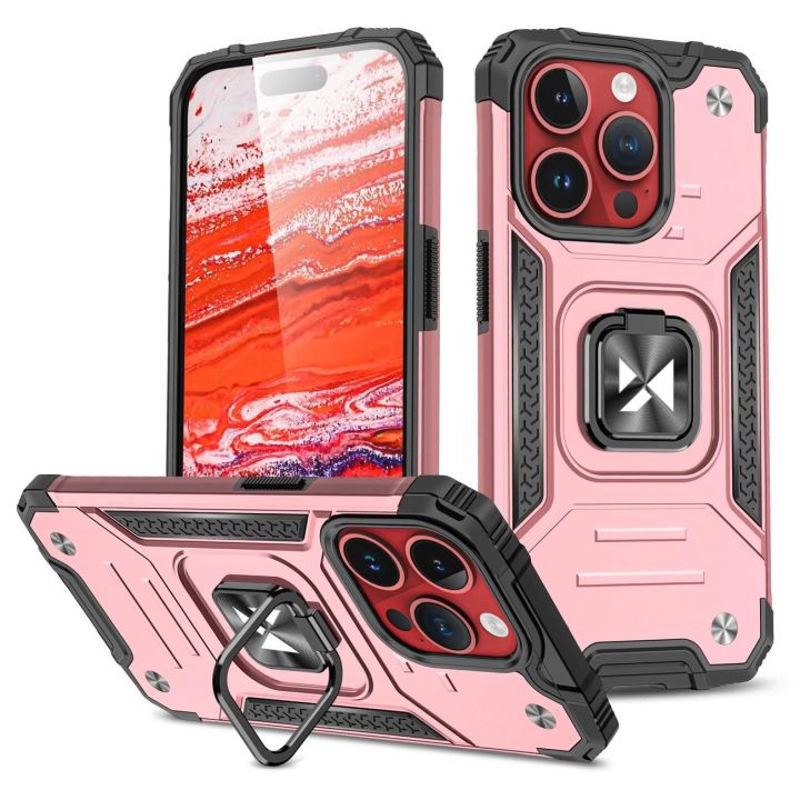 Šarvuotas dėklas su pirštų laikikliu iPhone 15 Pro Max Ring Armor - rožinio aukso spalvos