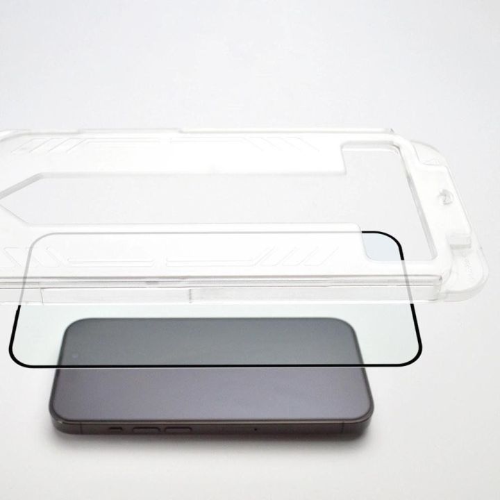 9H grūdintas stiklas su tvirtinimo rėmeliu iPhone 15 Plus Premium Glass - juodas