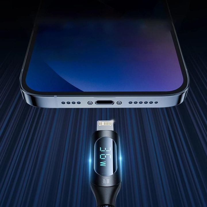 USB-C - Lightning kabelis WUCLC1 su LED ekranu 36W 1 m - juodas