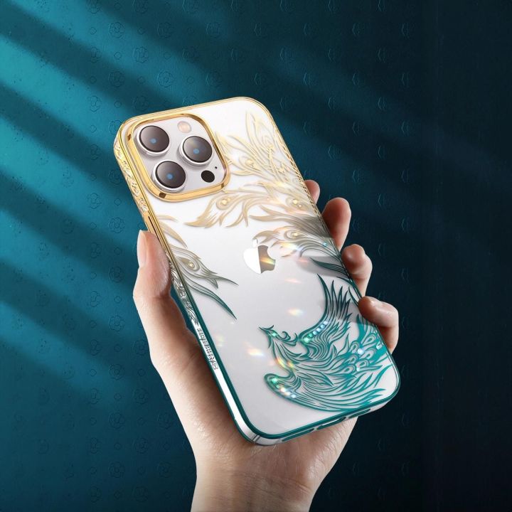 Prabangus iPhone 14 Plus dėklas su Kingxbar Phoenix kristalais - aukso ir mėlynos spalvos