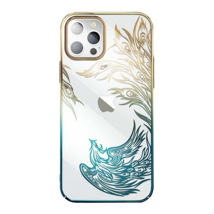 Prabangus iPhone 14 Plus dėklas su Kingxbar Phoenix kristalais - aukso ir mėlynos spalvos