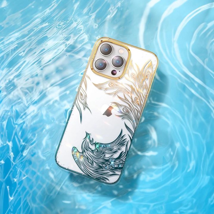 Prabangus iPhone 14 Plus dėklas su Kingxbar Phoenix kristalais - aukso ir mėlynos spalvos