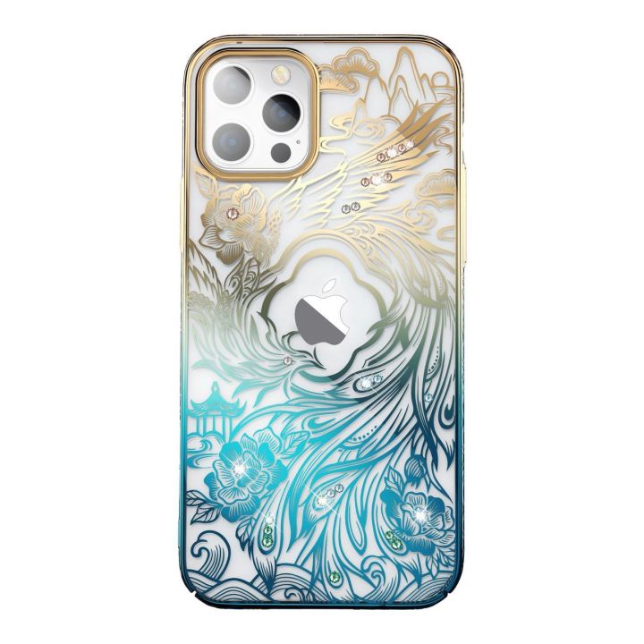 Prabangus iPhone 14 Plus dėklas su Kingxbar Phoenix kristalais - aukso ir mėlynos spalvos