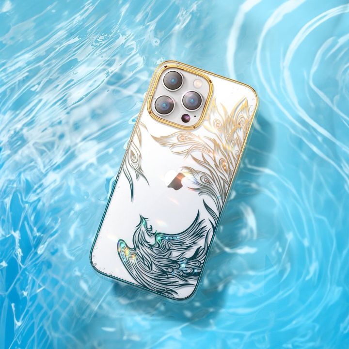 Prabangus iPhone 14 Plus dėklas su Kingxbar Phoenix kristalais - aukso ir mėlynos spalvos