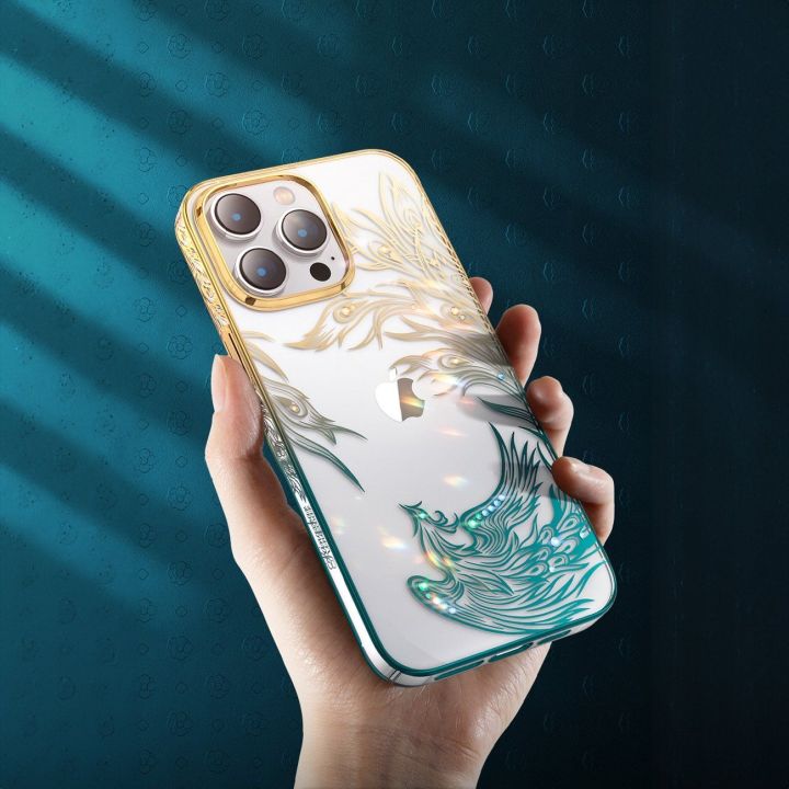 Prabangus iPhone 14 Plus dėklas su Kingxbar Phoenix kristalais - aukso ir mėlynos spalvos