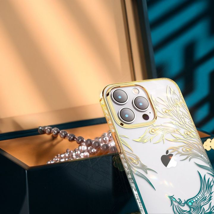 Prabangus iPhone 14 Plus dėklas su Kingxbar Phoenix kristalais - aukso ir mėlynos spalvos