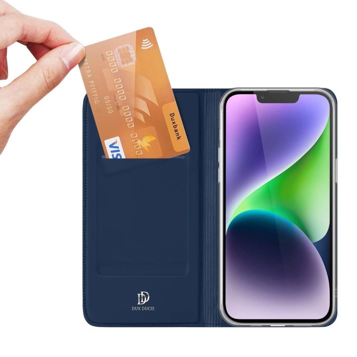 Dėklas iPhone 15 Plus su atverčiamu dangteliu ir pinigine Skin Pro - mėlynas