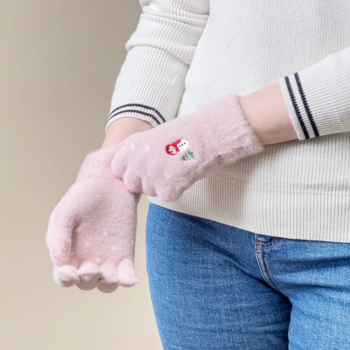 Moteriškos žieminės pirštinės su snieguole ir eglute - rožinės spalvos