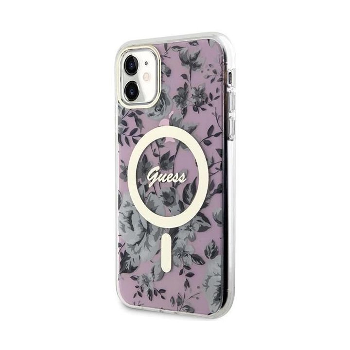 Guess Flower MagSafe dėklas iPhone 11 / Xr - rožinis