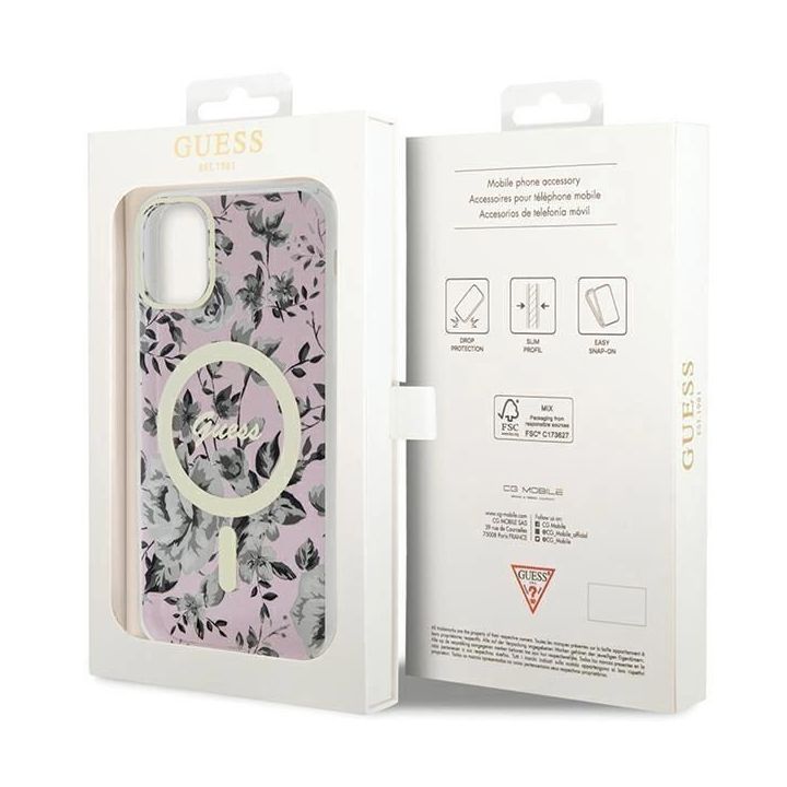 Guess Flower MagSafe dėklas iPhone 11 / Xr - rožinis