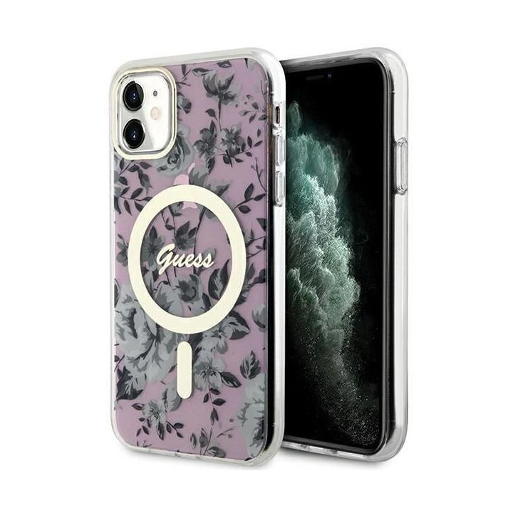 Guess Flower MagSafe dėklas iPhone 11 / Xr - rožinis