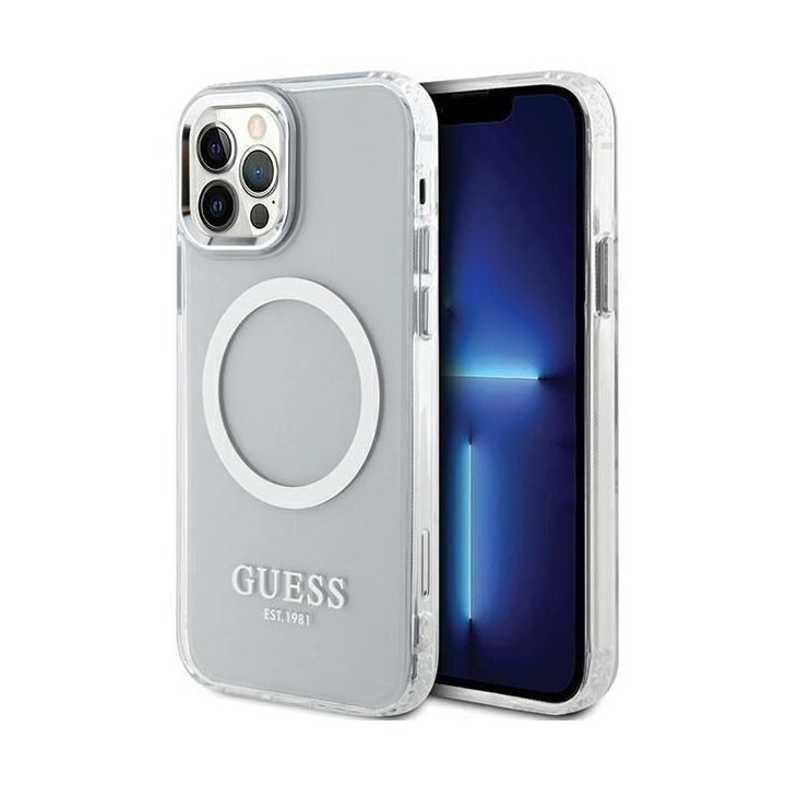 Guess metalinių kontūrų Magsafe dėklas iPhone 12 / iPhone 12 Pro - Sidabrinis
