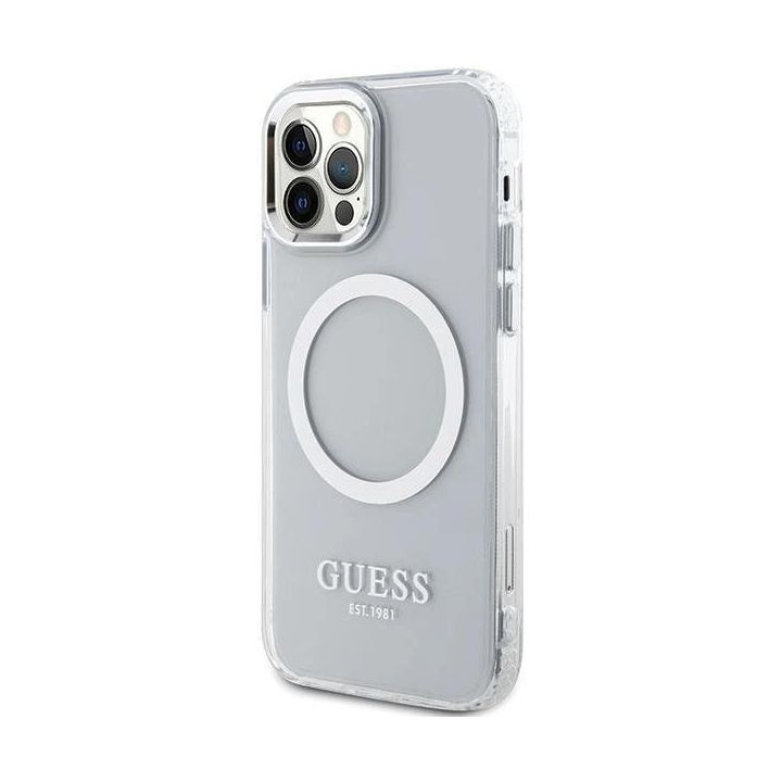 Guess metalinių kontūrų Magsafe dėklas iPhone 12 / iPhone 12 Pro - Sidabrinis