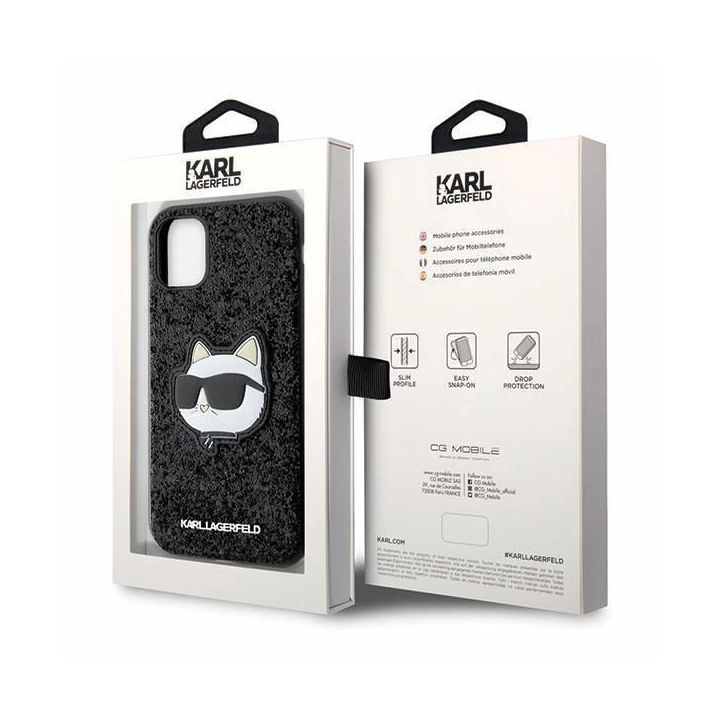 Karl Lagerfeld Glitter Choupette Patch dėklas iPhone 11 / Xr - Juodos spalvos