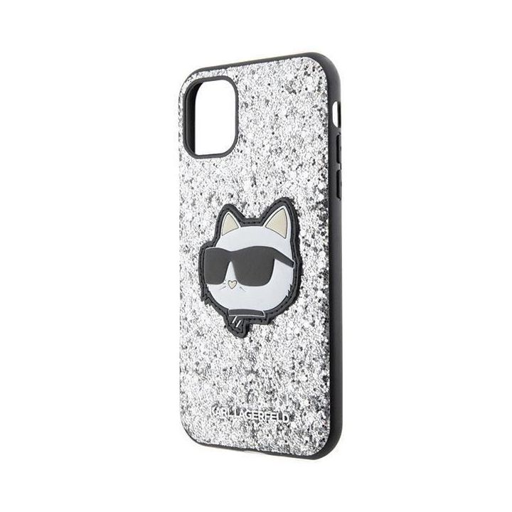 Karl Lagerfeld Glitter Choupette Patch dėklas iPhone 11 / Xr - sidabrinis