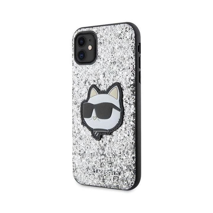 Karl Lagerfeld Glitter Choupette Patch dėklas iPhone 11 / Xr - sidabrinis