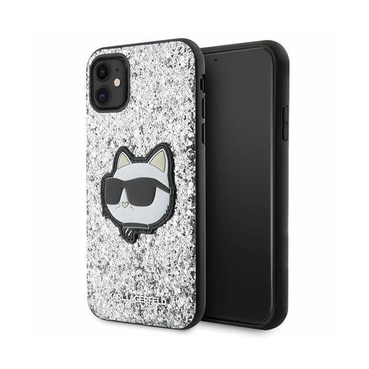 Karl Lagerfeld Glitter Choupette Patch dėklas iPhone 11 / Xr - sidabrinis