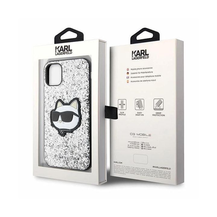 Karl Lagerfeld Glitter Choupette Patch dėklas iPhone 11 / Xr - sidabrinis
