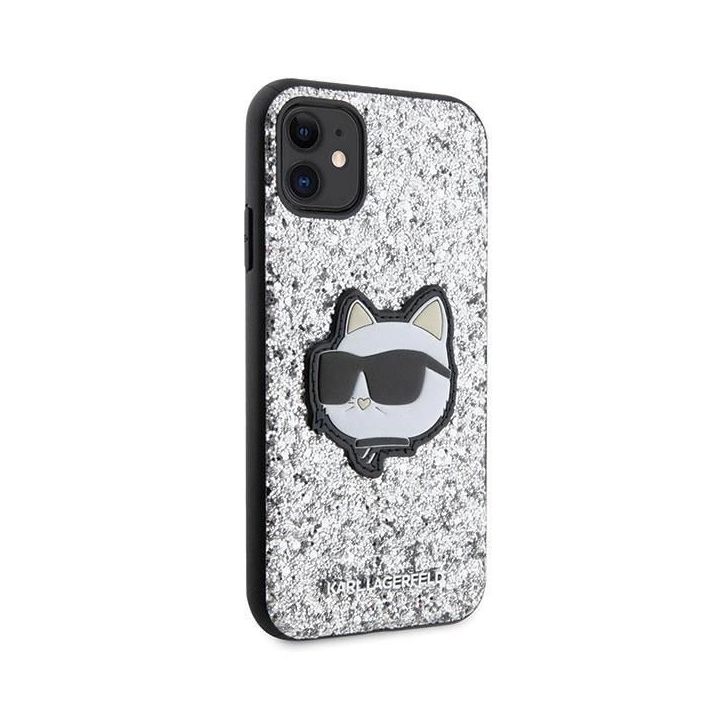 Karl Lagerfeld Glitter Choupette Patch dėklas iPhone 11 / Xr - sidabrinis