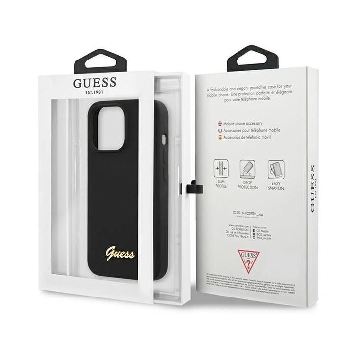 Guess Silikono raštas su auksiniu logotipu ant iPhone 13 Pro Max - nuotraukos