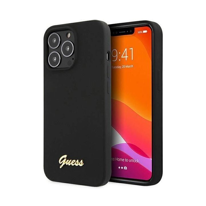 Guess Silikono raštas su auksiniu logotipu ant iPhone 13 Pro Max - nuotraukos