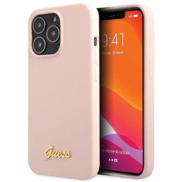 Guess silikoninis dėklas su auksiniu logotipu iPhone 13 Pro Max - šviesiai rožinis
